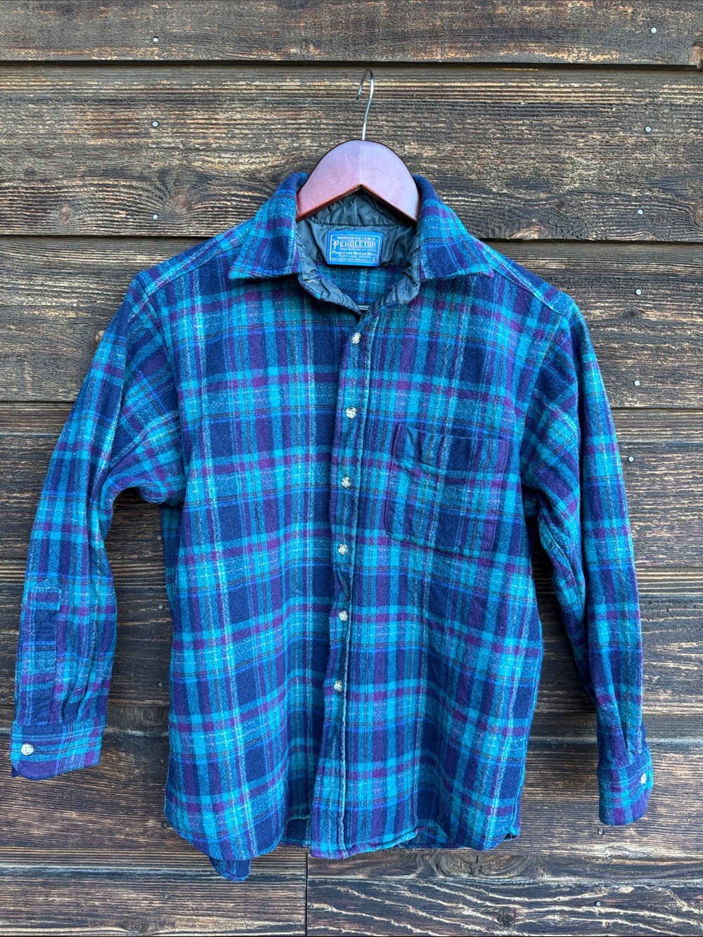 Kid's Vintage Pendleton 100% USA WOOL Blue & Teal Plaid Button-Down Shirt